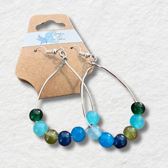 Hoop Earrings, Silver Wire Hand Strung with Green and Blue Glass Beads - Picture 1 of 2